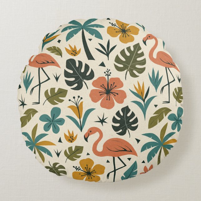 Tropical Flamingo and Palm Tree Pattern Round Cushion (Front)