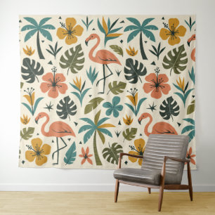 Tropical Flamingo and Palm Tree Pattern Tapestry