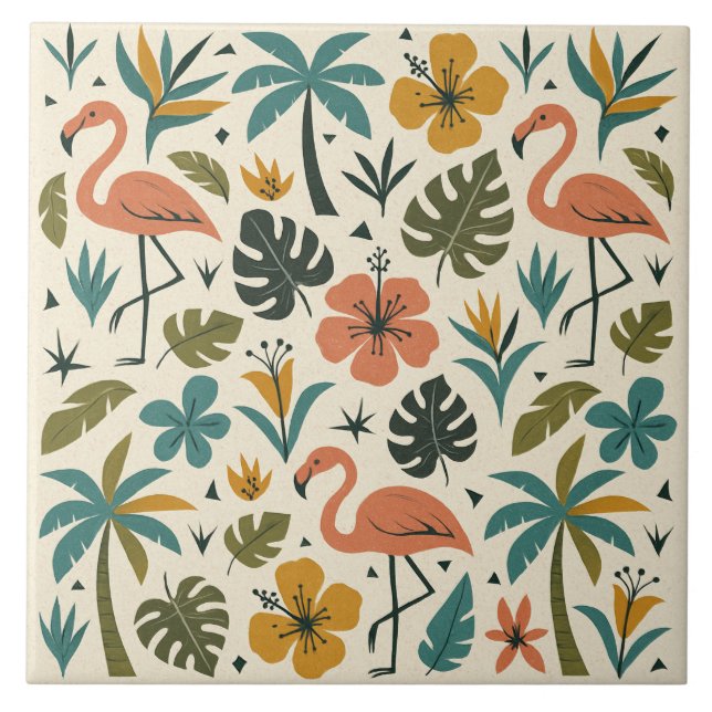 Tropical Flamingo and Palm Tree Pattern Tile (Front)