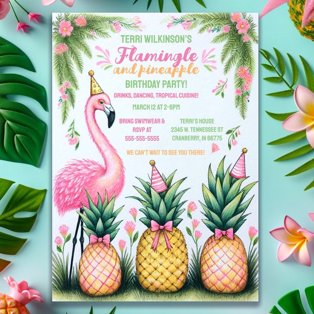 Tropical Flamingo and Pineapple Birthday Party  Invitation (Creator Uploaded)