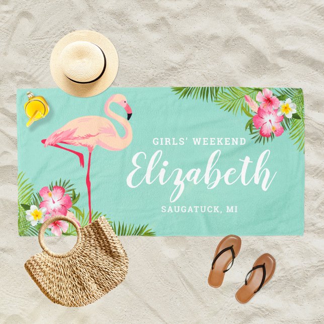 Tropical Flamingo Aqua Girls Weekend Custom Name Beach Towel (Creator Uploaded)