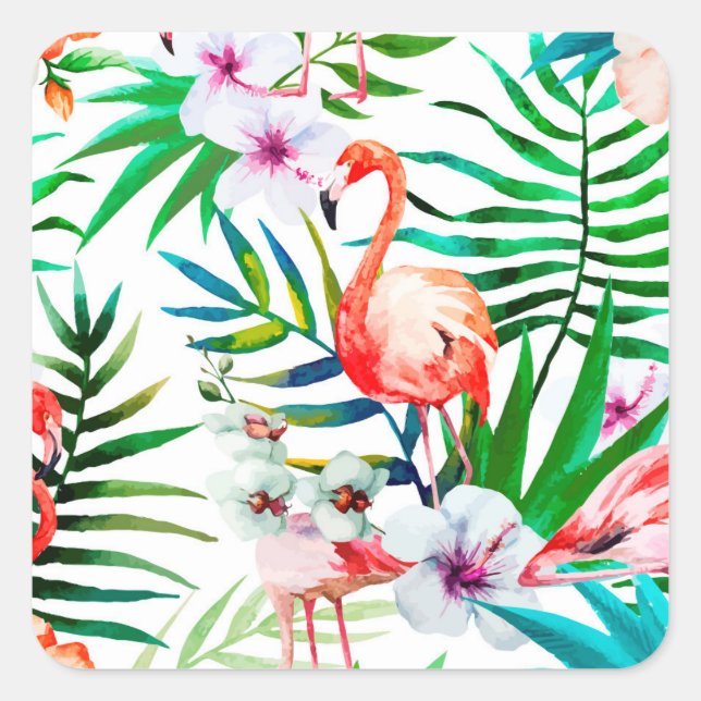 Tropical flamingo art square sticker (Front)