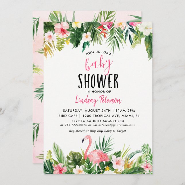 Tropical Flamingo Baby Shower Invitation Card (Front/Back)