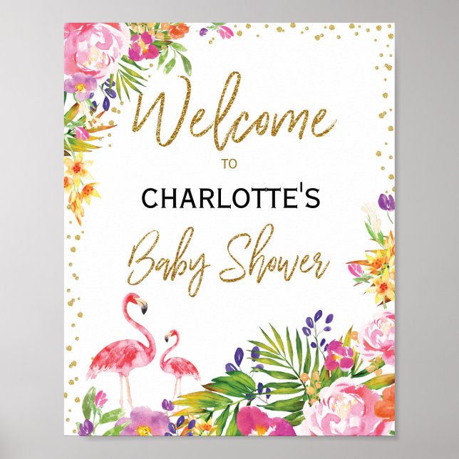 Tropical Flamingo Baby Shower Welcome Sign Summer (Front)