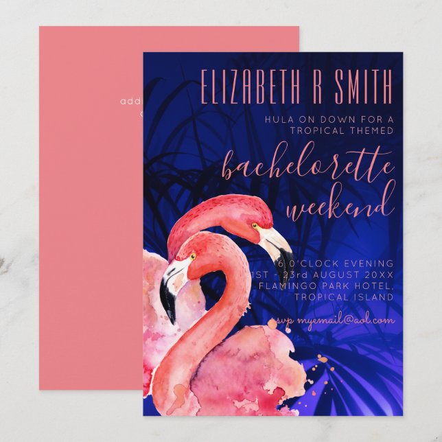 Tropical Flamingo BACHELORETTE WEEKEND Pink Blue Invitation (Front/Back)