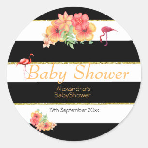 Tropical Flamingo Black Stripe Baby Shower Classic Round Sticker