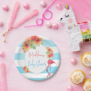 Tropical Flamingo Blue Stripe Baby Shower Paper Plate