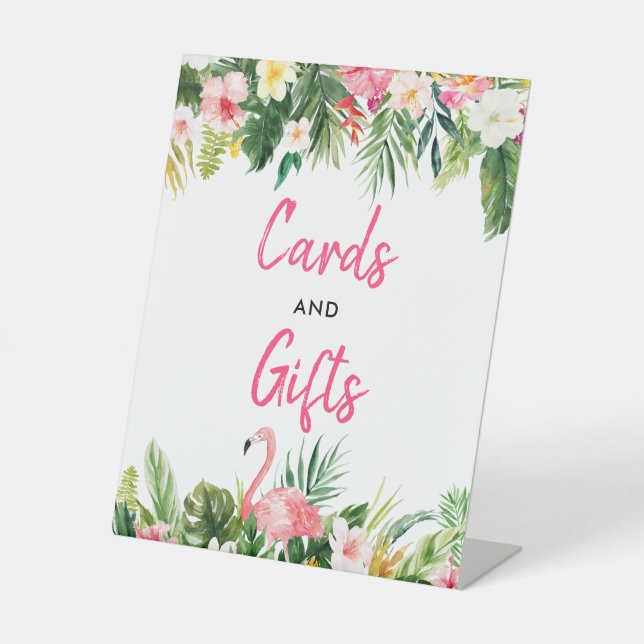 Tropical Flamingo Bridal Shower Cards and Gifts Pedestal Sign (Front)