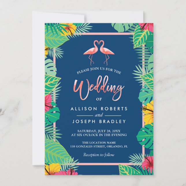 Tropical Flamingo Couples Navy Blue Wedding Invitation (Front)