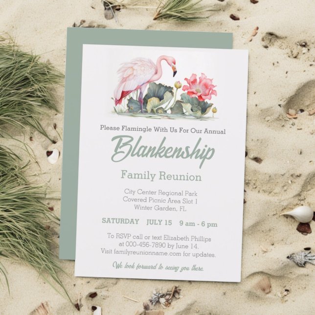 Tropical Flamingo Family Reunion One Day Event Invitation (Front template flamingo family reunion design back pastel green.)