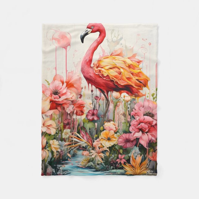 Tropical Flamingo Fantasy Paradise Bloom Fleece Blanket (Front)