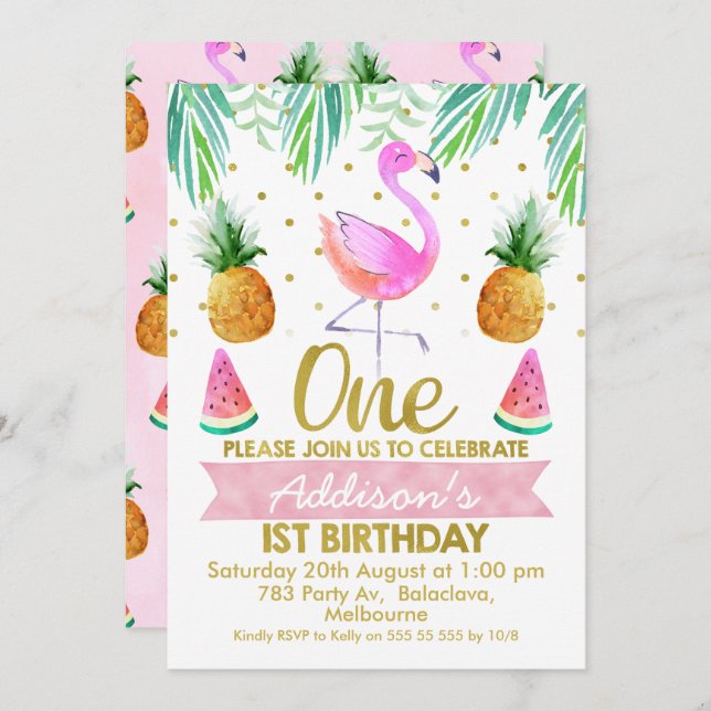 Tropical Flamingo First Birthday Invitation (Front/Back)