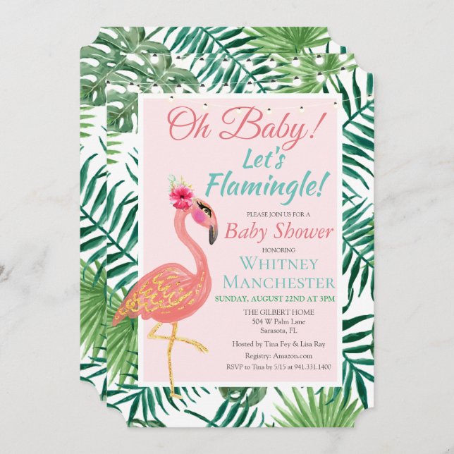 Tropical Flamingo Flamingle Baby Shower Invitation (Front/Back)
