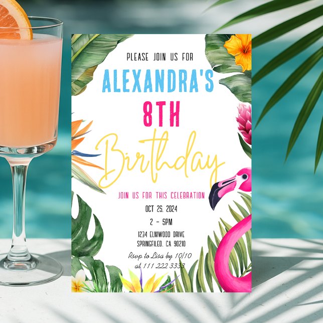 Tropical Flamingo Floral Girl Luau Kids Birthday Invitation (Tropical Flamingo Floral Girl Luau Kids Birthday Invitation)