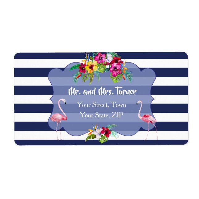 Tropical Flamingo Floral Luau Navy Stripes Wedding (Front)