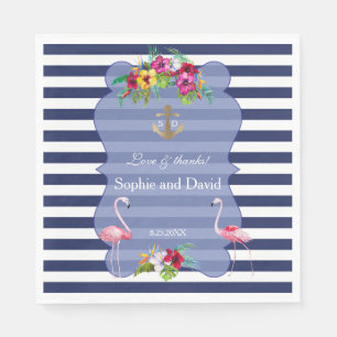 Tropical Flamingo Floral Luau Navy Stripes Wedding Napkin