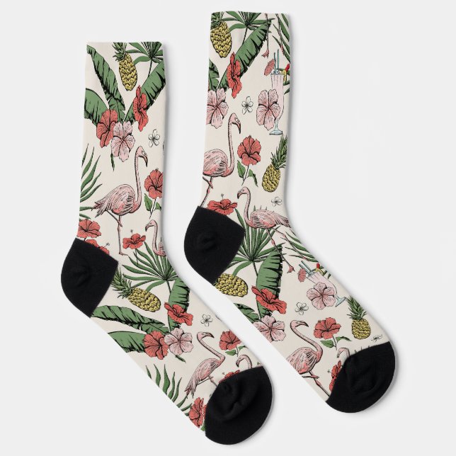 Tropical Flamingo Floral Pattern Turquoise Ivory Socks (Right)