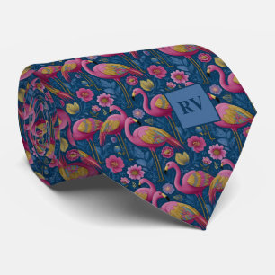 Tropical Flamingo Garden on Navy Blue Tie
