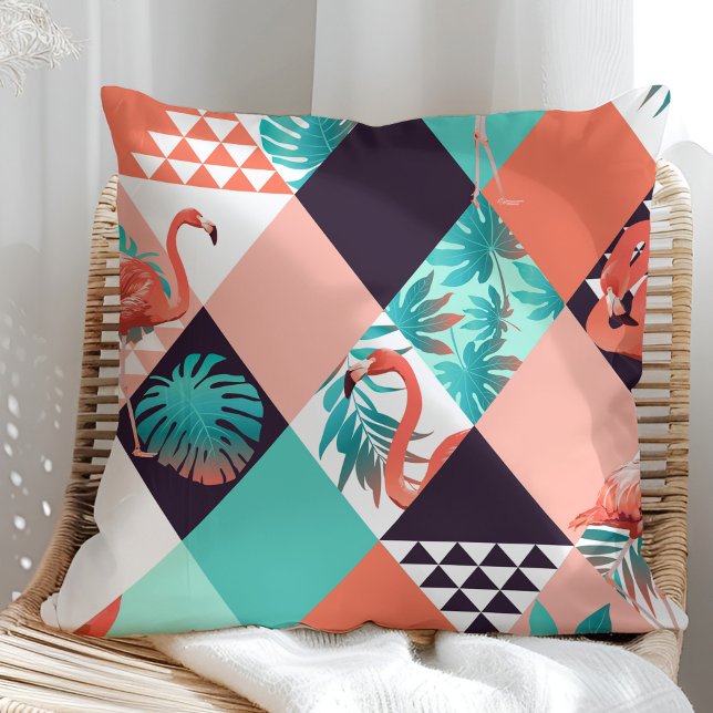 Tropical Flamingo Geometric Pattern (Coral & Teal) Cushion (Tropical Flamingo and Palm Tree Leaves Pillow in a sunny rattan armchair.)