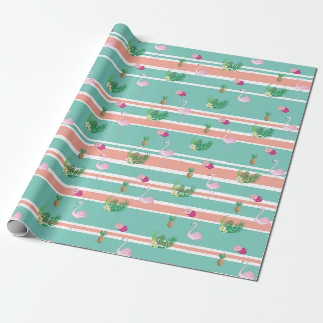 Tropical Flamingo Gift Wrapping Paper (Unrolled)