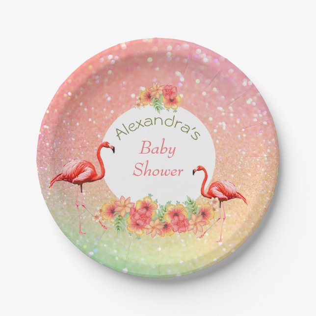 Tropical Flamingo Glitter Floral Baby Shower Paper Plate (Front)