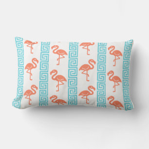 Tropical Flamingo - Greek Key Coral & Turquoise Lumbar Cushion