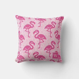 Tropical Flamingo Greek Key - Hot Pink Monogram Cushion