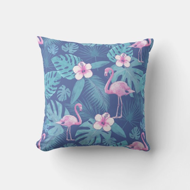 Tropical Flamingo Hibiscus Outdoor Pillow (Front)