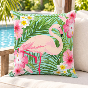 Tropical Flamingo Hibiscus Palm Aqua Cushion