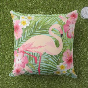 Tropical Flamingo Hibiscus Palm Aqua Cushion