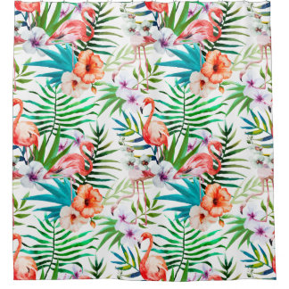 Tropical Flamingo Hibiscus Shower Curtain