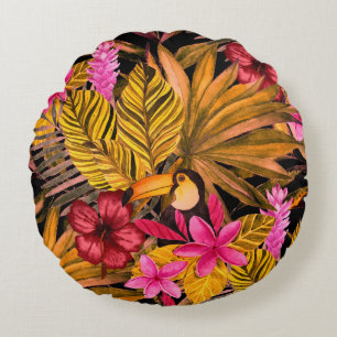 Tropical Flamingo: Hibiscus Summer Pattern Round Cushion