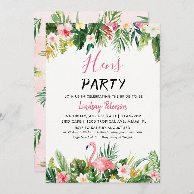 Tropical Flamingo Luau Hens Party Invitation Card (Front/Back)