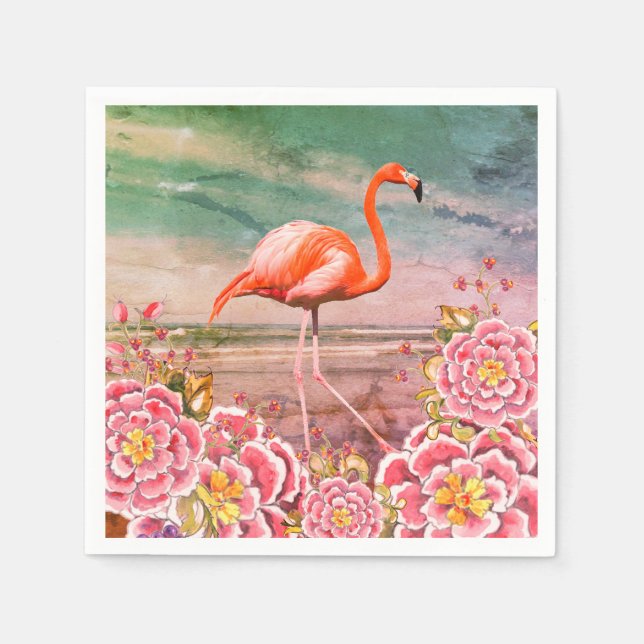 Tropical Flamingo on Beach & Oriental Pink Flowers Napkin (Front)