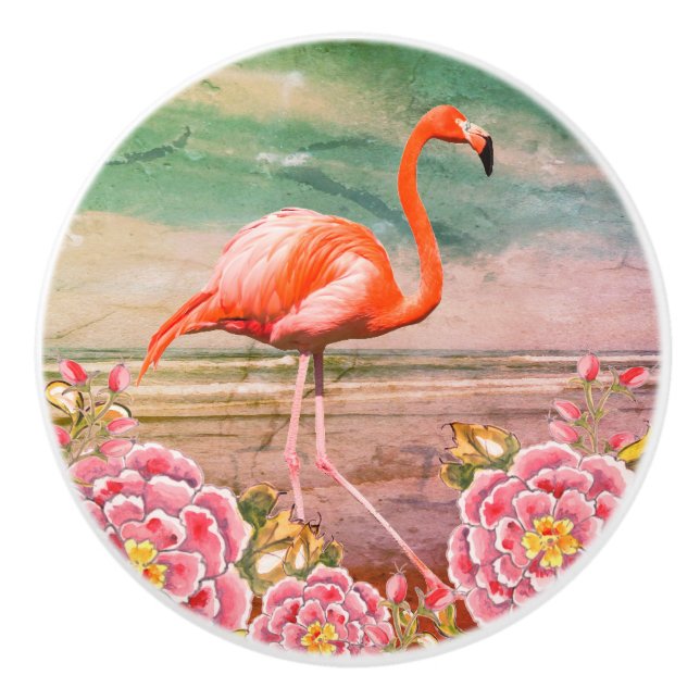 Tropical Flamingo on Beach w/ Pink Flowers Teal Ceramic Knob (Front)
