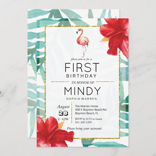 Tropical Flamingo Palm 1st Birthday Invitation (Front/Back)