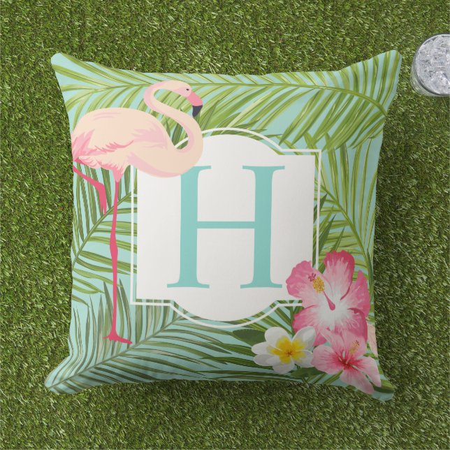 Tropical Flamingo Palm Hibiscus Monogram Initial Cushion (Grass)