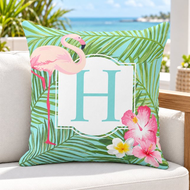 Tropical Flamingo Palm Hibiscus Monogram Initial Cushion (Creator Uploaded)