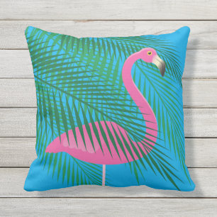 Tropical Flamingo & Palm Leaves on Blue - Outdoor Cushion