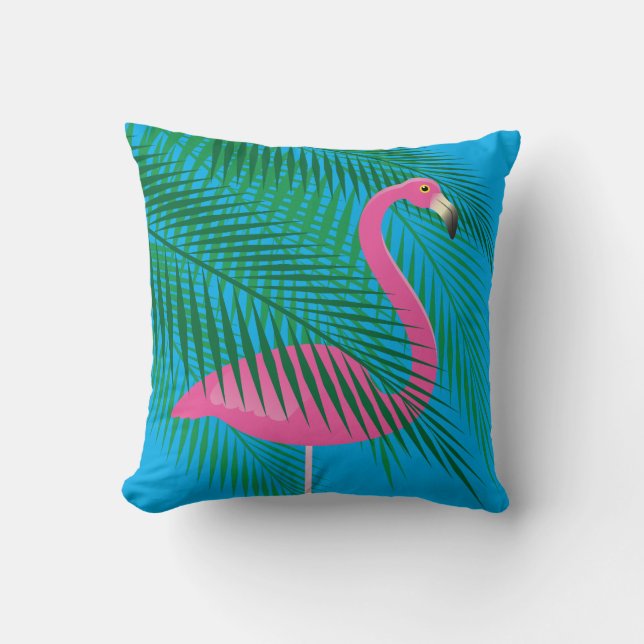 Tropical Flamingo & Palm Leaves on Blue Sky Cushion (Front)