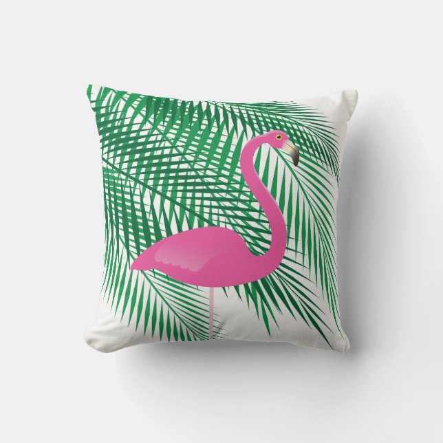 Tropical Flamingo & Palm Leaves on White Cushion (Front)