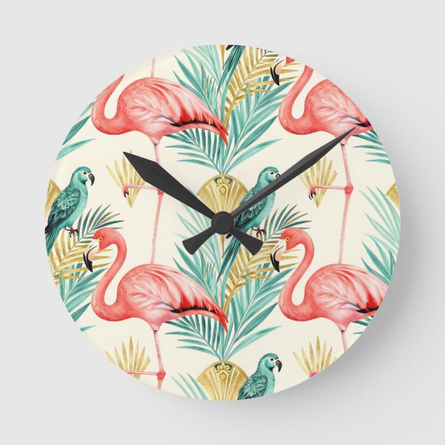 Tropical Flamingo Parrot Jungle Round Clock (Front)