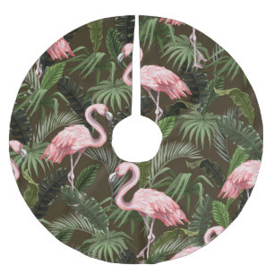 Tropical Flamingo Pattern: Vintage Leaves Brushed Polyester Tree Skirt