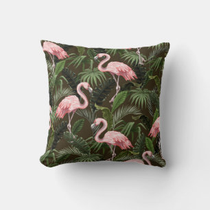 Tropical Flamingo Pattern: Vintage Leaves Cushion