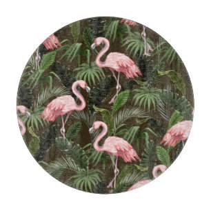 Tropical Flamingo Pattern: Vintage Leaves Cutting Board