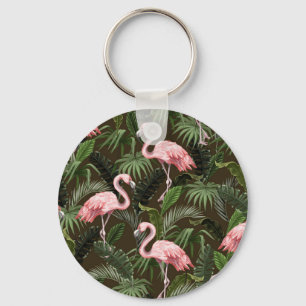 Tropical Flamingo Pattern: Vintage Leaves Key Ring