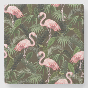 Tropical Flamingo Pattern: Vintage Leaves Stone Coaster