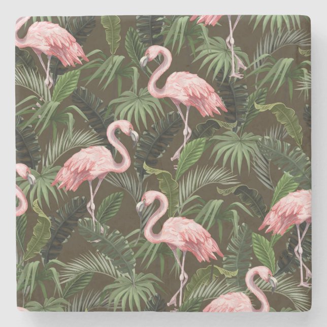 Tropical Flamingo Pattern: Vintage Leaves Stone Coaster (Front)