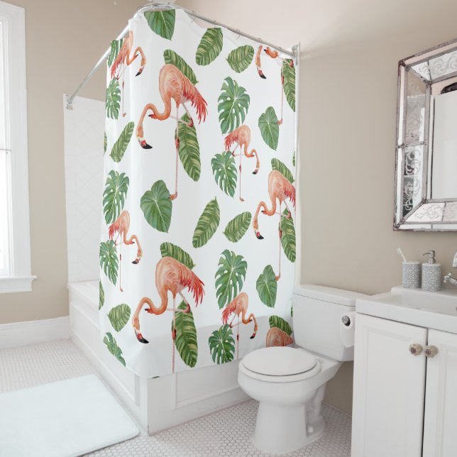 Tropical Flamingo Philodendron Elephant Ear Leaf Shower Curtain (In Situ)