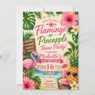 Tropical Flamingo Pineapple 21st Birthday Invitation